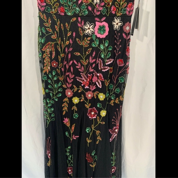 NWT $379 Adrianna Papell Spagetti Strap Floral‎ Beaded Gown in Black [SZ 4 ] - Picture 4 of 10
